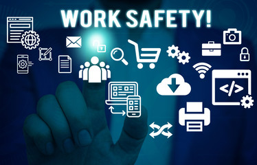 Word writing text Work Safety. Business photo showcasing policies and procedures in place to ensure health of employees Male human wear formal work suit presenting presentation using smart device