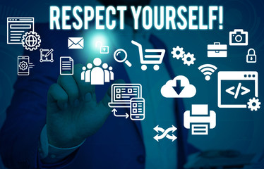 Conceptual hand writing showing Respect Yourself. Concept meaning believing that you good and worthy being treated well Male human wear formal suit presenting using smart device