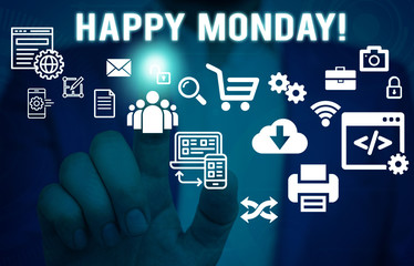 Word writing text Happy Monday. Business photo showcasing telling that demonstrating order to wish him great new week Male human wear formal work suit presenting presentation using smart device