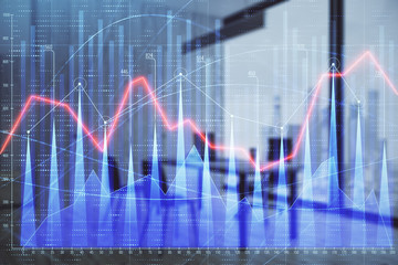 Business theme graph hologram with minimalistic cabinet interior background. Double exposure. Stock market concept.
