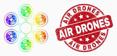 Obraz premium Pixel spectral hexacopter mosaic pictogram and Air Drones seal stamp. Red vector round scratched watermark with Air Drones message. Vector composition in flat style.
