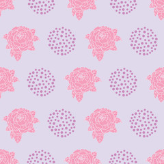 Seamless pattern with rose flowers and geometric circle shapes on purple background