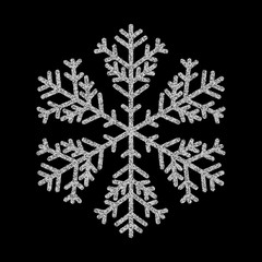 Shining silver snowflakes and snow. Merry Christmas card illustration on black background. Sparkling element with glitter texture