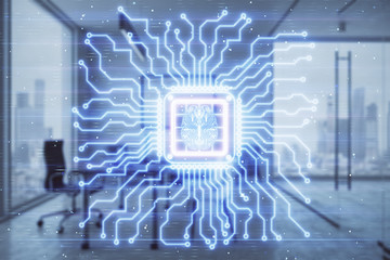 Brain sign hologram with minimalistic cabinet background. Double exposure. Ai concept.