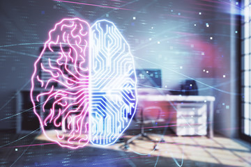 Brain sign hologram with minimalistic cabinet background. Double exposure. Ai concept.