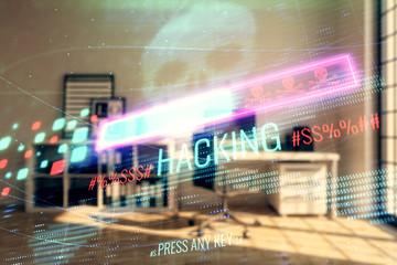 Cyber piracy hologram with minimalistic cabinet interior background. Double exposure. Hacking concept.
