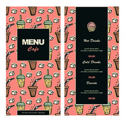Menu template for cafe, bistro, fast food, pub, restaurant. Vector color illustration of a retro style with a hand-drawn doodle pattern on a pink background.