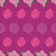 Striped rose flowers and circles seamless pattern purple background