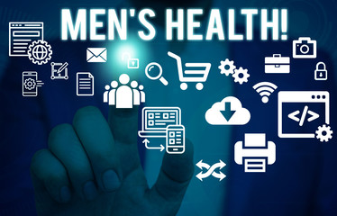 Word writing text Men S Health. Business photo showcasing state of complete physical mental and social well being by analysis Male human wear formal work suit presenting presentation using smart