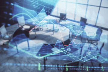 Double exposure of forex chart on conference room background. Concept of stock market analysis