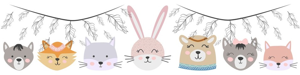 Banner Free, Wild, Brave with animals Cat, wolf, bear, fox, rabbit and feathers, arrows in the Scandinavian style. Children's set