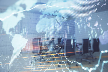 Double exposure of stock market graph with globe hologram on conference room background. Concept of international finance