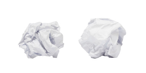 Two Rugged paper ball or paper crumpling , trash, garbage to recycle isolated on white background with Clipping path