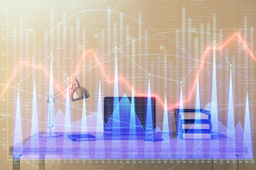 Stock market chart and desktop office computer background. Multi exposure. Concept of financial...