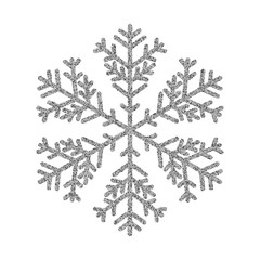 Shining silver snowflakes and snow. Merry Christmas card illustration on white background. Sparkling element with glitter texture