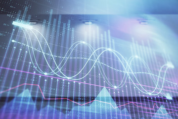 Double exposure of financial graph on empty room interior background. Forex market concept.