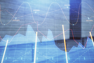 Double exposure of stock market graph on empty exterior background. Concept of analysis