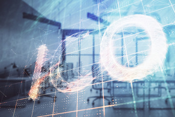 Cryptocurrency theme drawing with office interior background. Double exposure. Concept of blockchain.