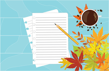 A sheet of paper from a notebook, autumn leaves (maple, chestnut, mountain ash), a cup of coffee and coffee beans on a blue background.