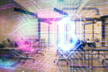 Cryptocurrency theme drawing with office interior background. Double exposure. Concept of blockchain.