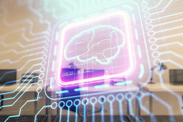 Human brain drawing with office interior on background. Double exposure. Concept of innovation.