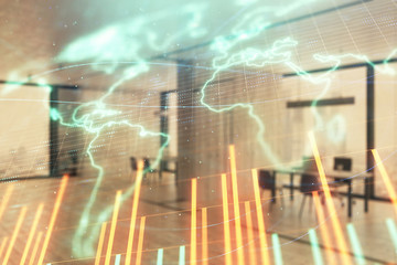 Stock and bond market graph and world map with trading desk bank office interior on background. Multi exposure. Concept of international finance