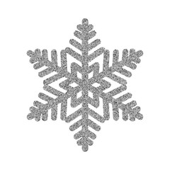 Shining silver snowflakes and snow. Merry Christmas card illustration on white background. Sparkling element with glitter texture