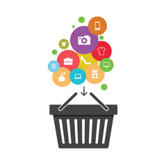 Shopping cart vector shop pushcart trolley shopper or carter with empty basket and bag buy in store illustration