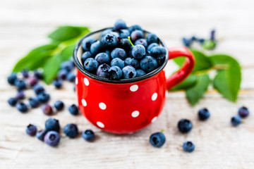 Freshly picked ripe blueberries in a cup on a table in the garden. 