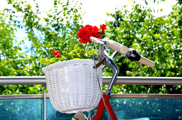 Red retro bicycle with white basket decorated with red flowers
