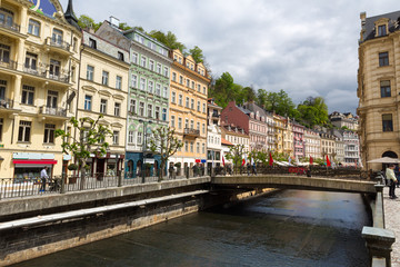 Naklejka na ściany i meble City river and stone bridge, Czech Republic