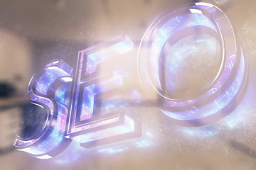 SEO icon hud with office interior on background. Double exposure. Concept of data search