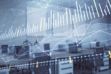 Stock market chart with trading desk bank office interior on background. Double exposure. Concept of financial analysis