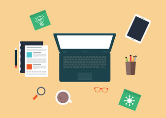 Top view elements. Desk background with laptop, digital devices, office objects, books and documents