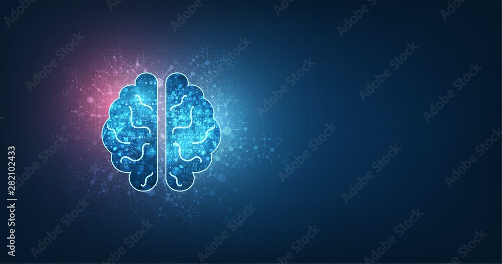 Poster technology concept.vector abstract human brain shape of an artificial intelligence with line dots an
