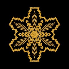 Shining golden snowflakes and snow. Merry Christmas card illustration on black background. Sparkling element with glitter texture