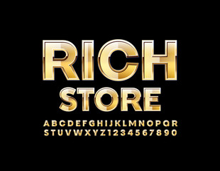 Vector shiny logo Rich Store with Modern Golden Font. Luxury Uppercase Alphabet Letters and Numbers