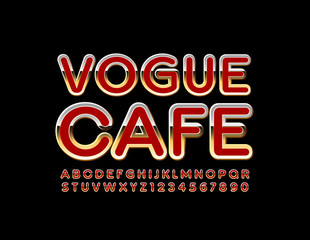 Vector chic emblem Vogue Cafe. Red and Golden Alphabet Letters, Numbers and Symbols. Bright stylish Font