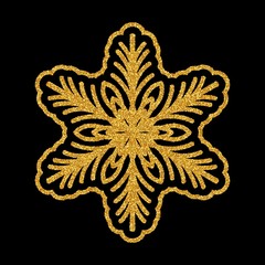 Shining golden snowflakes and snow. Merry Christmas card illustration on black background. Sparkling element with glitter texture