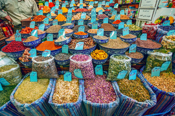 10/05/2019 Kerman,.Kerman Province.Iran, a huge variety of spices and herbs on a counter on a...