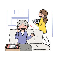 電話をするシニア女性　介護　認知症　イラスト