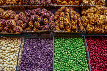 Istanbul, Turkey, Various of traditional Turkish delicious sweets in the Egyptian spicy market and the Grand Bazaar with rahat lukum in counter.