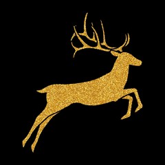 Shining golden snowflakes and snow. Merry Christmas card illustration on black background. Sparkling element with glitter texture