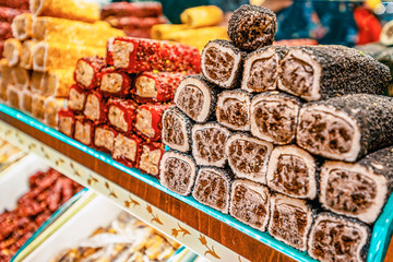 Istanbul, Turkey, Various of traditional Turkish delicious sweets in the Egyptian spicy market and the Grand Bazaar with rahat lukum in counter.