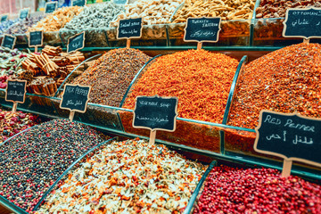 26/05/2019 Istanbul, Turkey, Various of traditional Turkish herbs and spices in the Egyptian spicy...