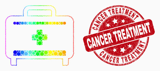 Pixelated bright spectral medical baggage mosaic pictogram and Cancer Treatment stamp. Red vector rounded grunge seal stamp with Cancer Treatment message. Vector composition in flat style.