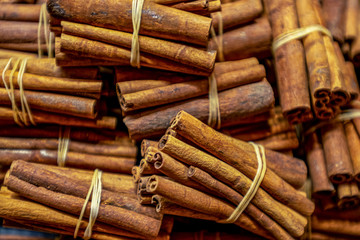 close up Background of Cinnamon sticks on the Turkish market Grand Bazaar