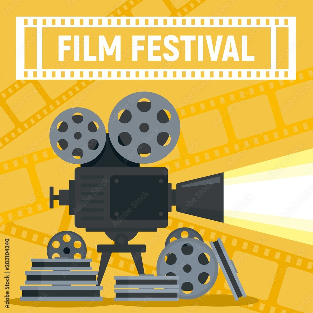 Wall mural film festival camera reel concept banner. flat illustration of film festival camera reel vector conc