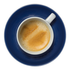 Cup of espresso coffee from arabica coffee beans isolated on white background. Top view.