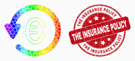 Pixelated rainbow gradiented euro chargeback mosaic icon and The Insurance Policy seal. Red vector rounded distress seal with The Insurance Policy phrase. Vector combination in flat style.